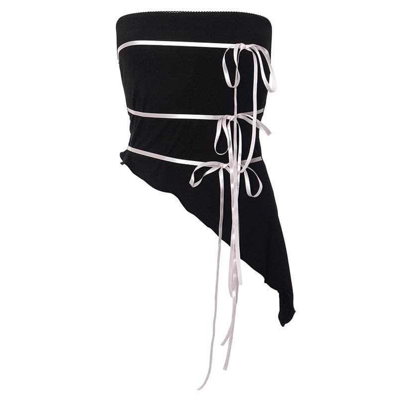 Bowknot ribbon ruffle backless irregular tube top  | Festival Outfits Women
