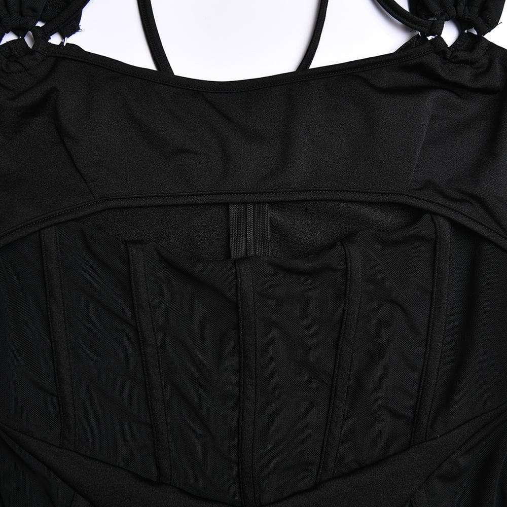 Gloves mesh corset off shoulder hollow out long sleeve halter cut out mini dress