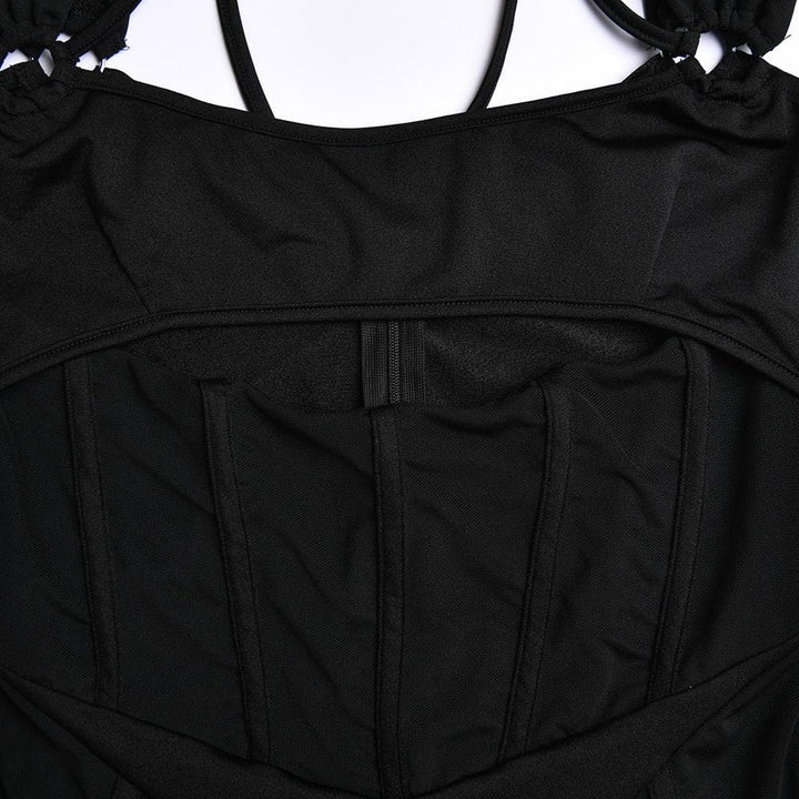 Gloves mesh corset off shoulder hollow out long sleeve halter cut out mini dress