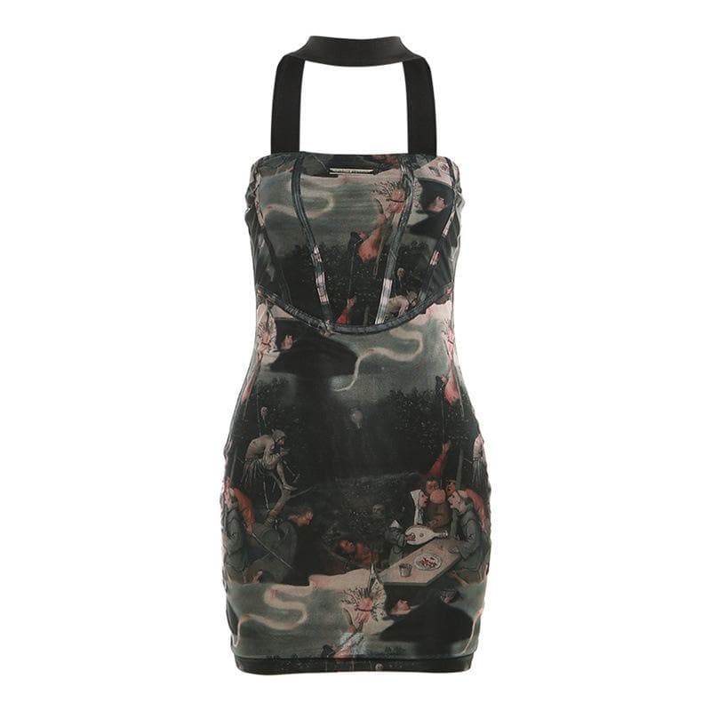 Abstract corset halter contrast print backless mini dress  | Festival Outfits Women