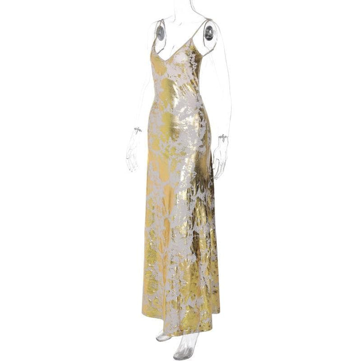 V neck backless metallic print contrast cami maxi dress  | Festival Outfits Women