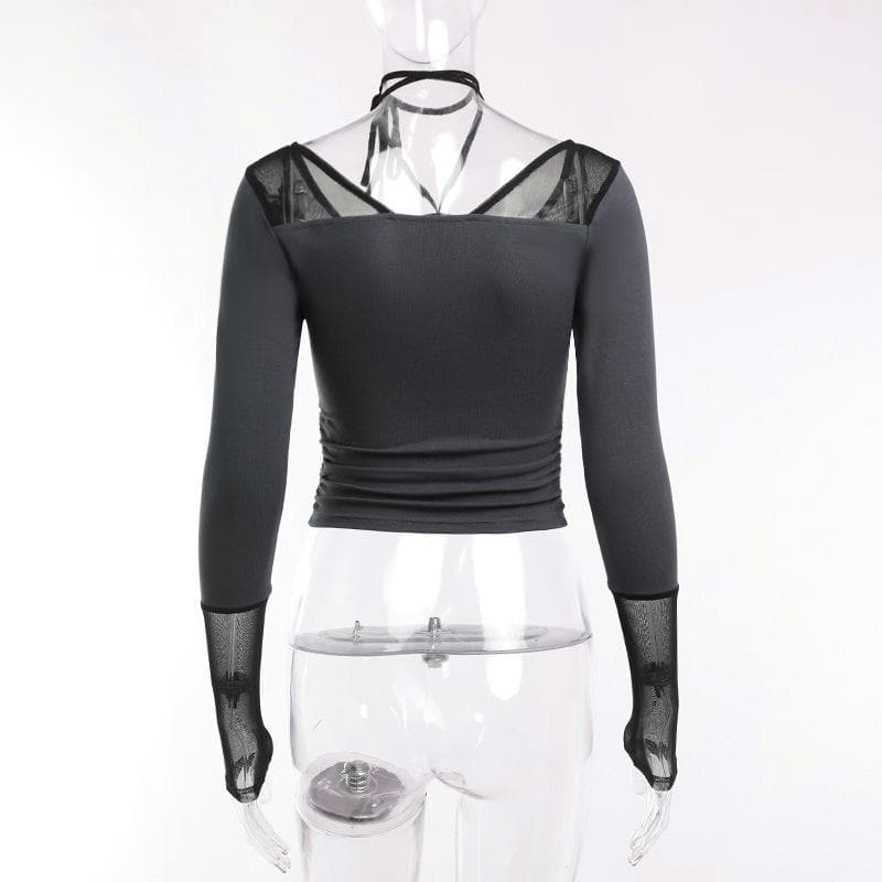 Long sleeve halter cat pattern mesh patchwork stitch top  | Festival Outfits Women