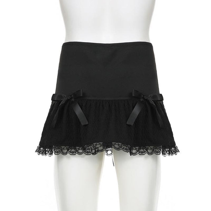 Lace up ruched lace hem solid bowknot low rise mini skirt  | Festival Outfits Women