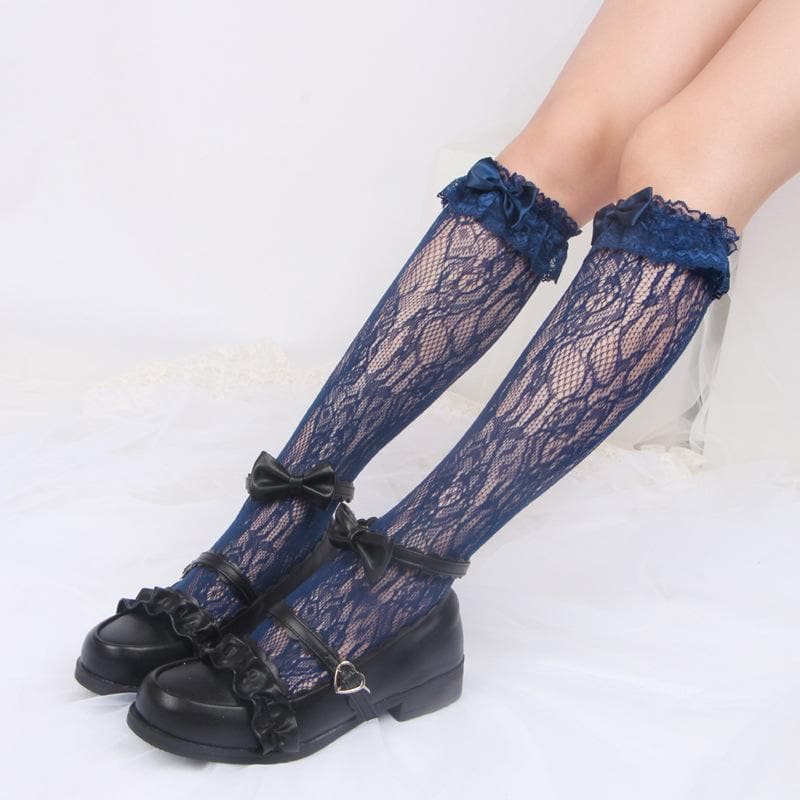 Sheer lace bowknot knee high socks