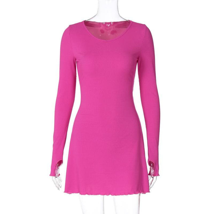 Ribbed solid long sleeve gloves lace up ruffle mini dress  | Festival Outfits Women