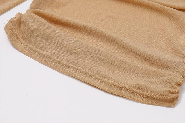 Sheer mesh see through off shoulder ruched long sleeve top