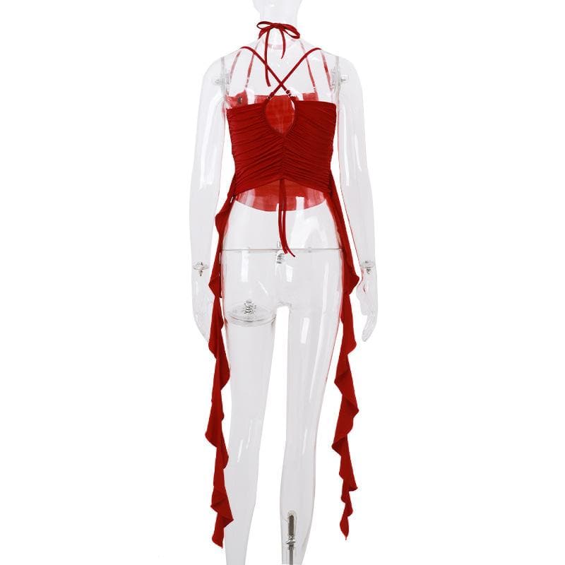 Halter ruched flower applique ruffle solid cross back crop top  | Festival Outfits Women