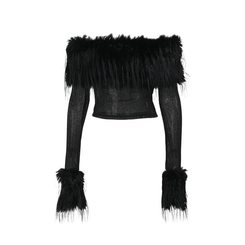 Furry patchwork off shoulder long sleeve solid top  | Festival Outfits Women