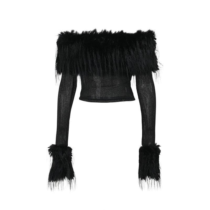 Furry patchwork off shoulder long sleeve solid top  | Festival Outfits Women