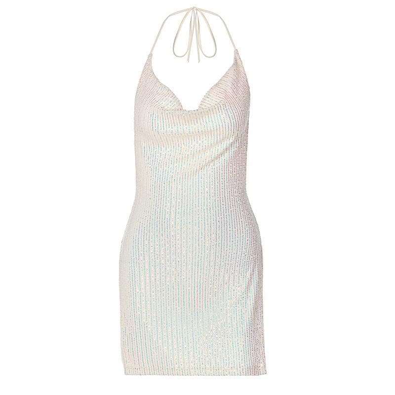 Glitter cowl neck halter slit backless mini dress  Halibuy