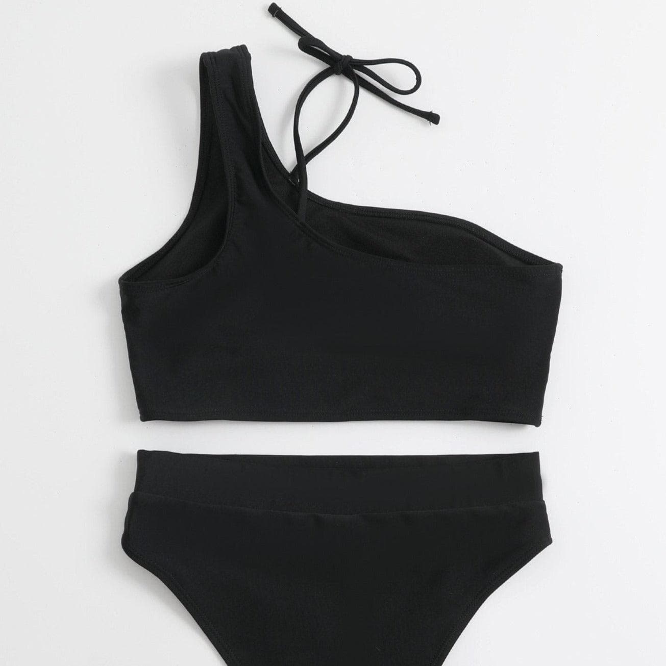 Hollow out high waisted one shoulder solid bikini – Halibuy