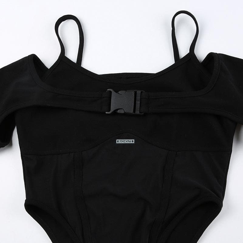 Buckle mesh off shoulder long sleeve solid shrug 2 piece bodysuit  | Festival Outfits Women