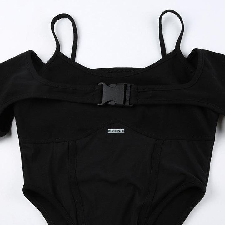 Buckle mesh off shoulder long sleeve solid shrug 2 piece bodysuit  | Festival Outfits Women