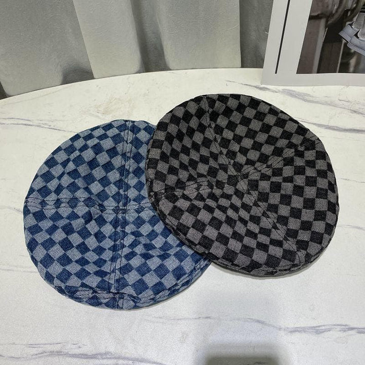 Plaid contrast denim beret hat