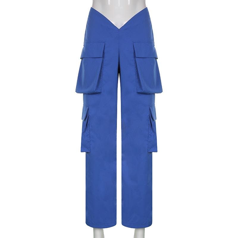 V waist pocket straight solid cargo pant Parachute pants