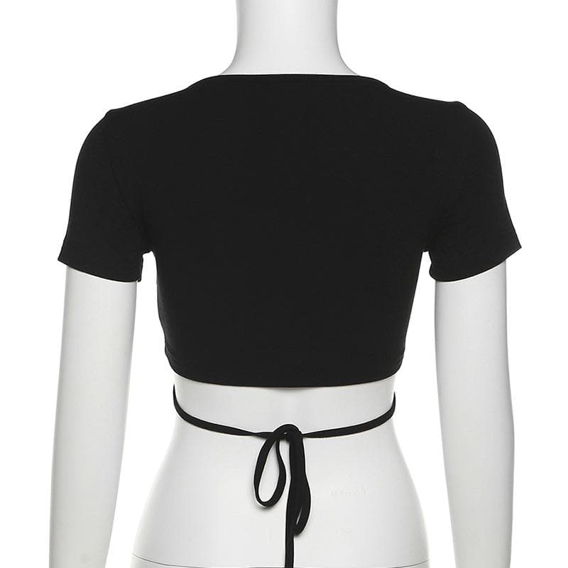 Short sleeve v neck metal letter self tie back crop top