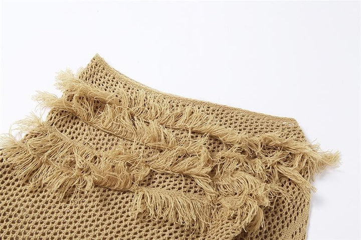 Knitted raw hem solid long sleeve one shoulder crochet irregular mini dress