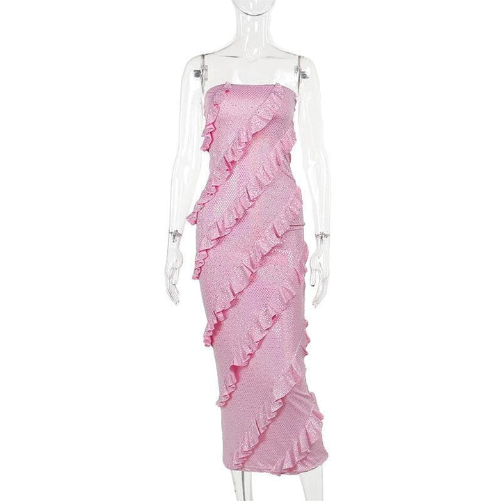 Ruffle textured ruched backless tube midi dress  | Festival Outfits Women