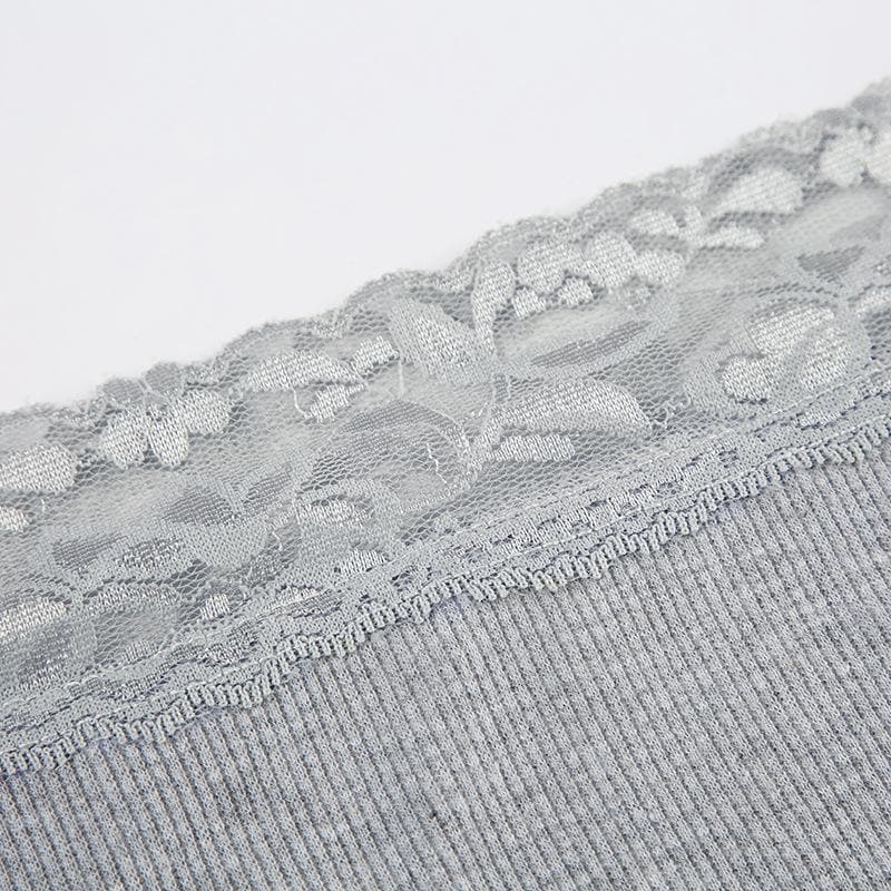 Long sleeve off shoulder ribbed heart pattern lace hem top  | Festival Outfits Women