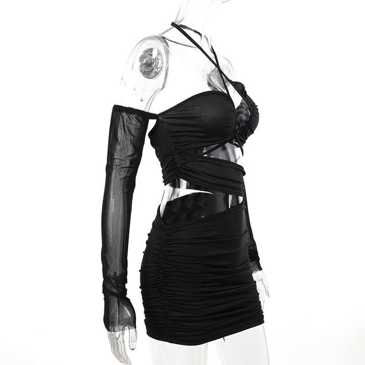 Ruched cross front hollow out halter off shoulder long sleeve backless cut out mini dress  | Festival Outfits Women