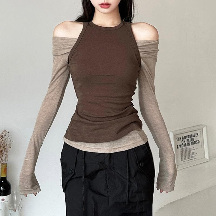 Contrast long sleeve 2-way off shoulder 2 piece top