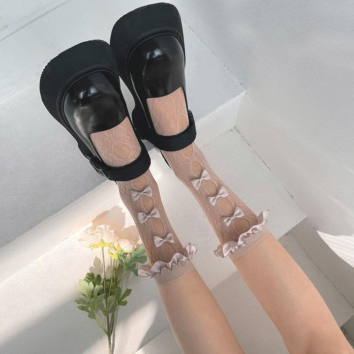 Lace hollow out bowknot satin ruffle long socks