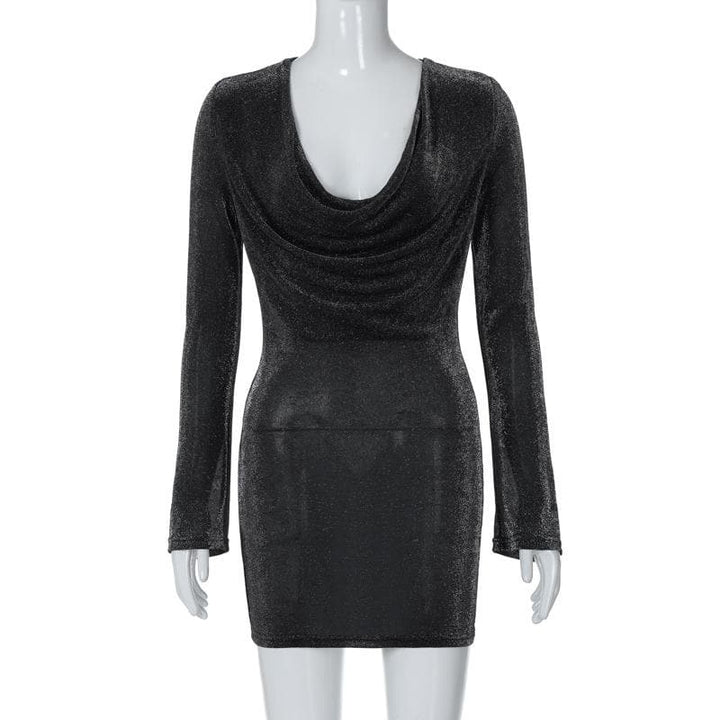 Long sleeve cowl neck ruched glitter solid mini dress  | Festival Outfits Women