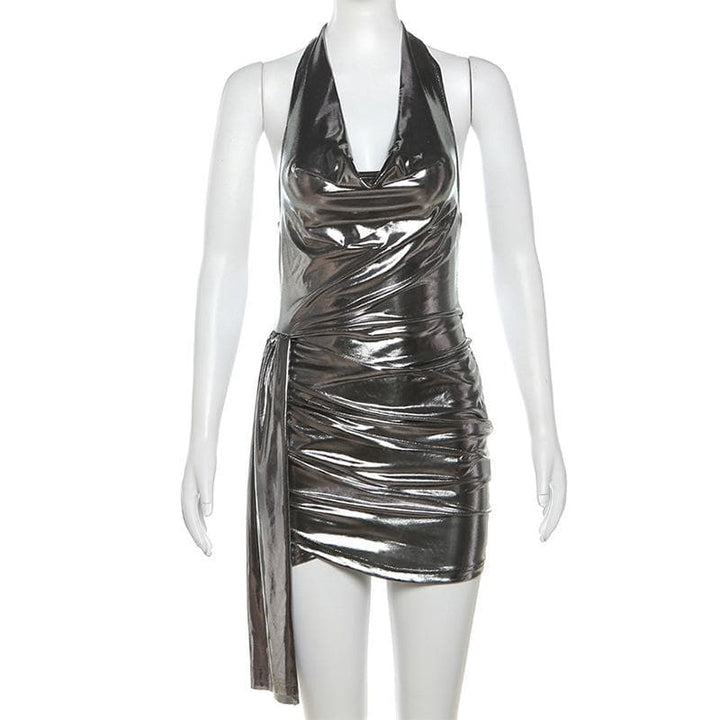 Halter ruched cowl neck metallic button mini dress  | Festival Outfits Women-final-sale
