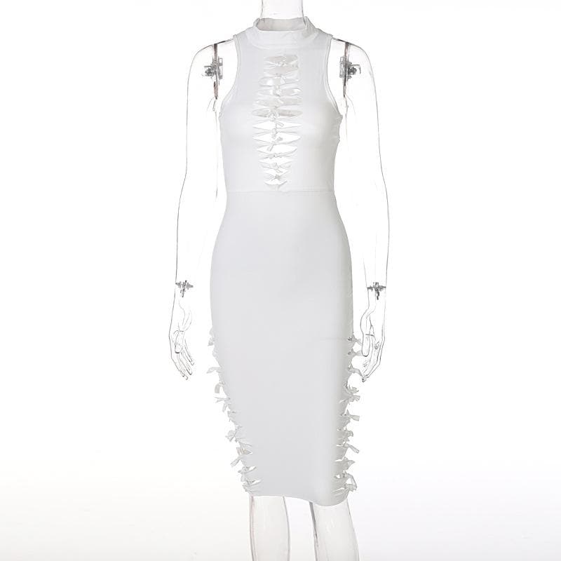 Sleeveless hollow out solid backless knotted cut out midi dress