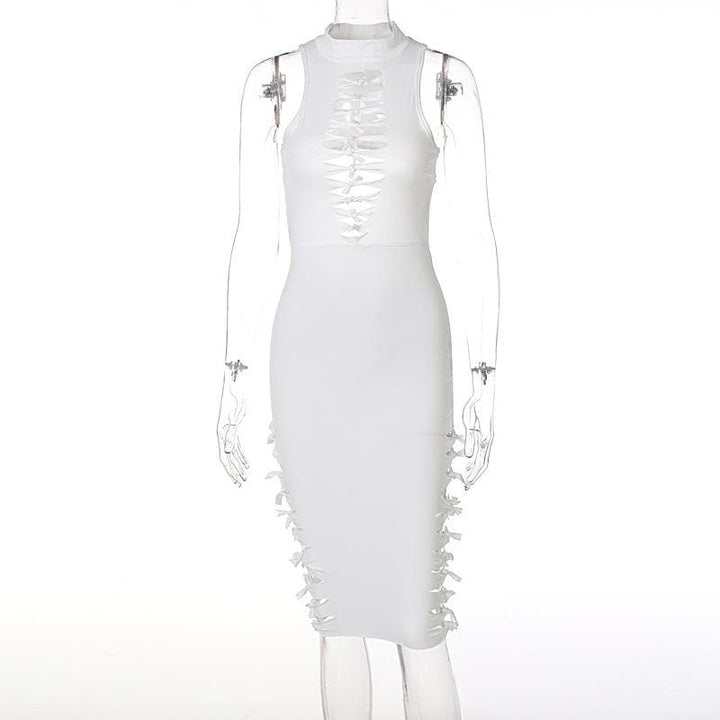 Sleeveless hollow out solid backless knotted cut out midi dress