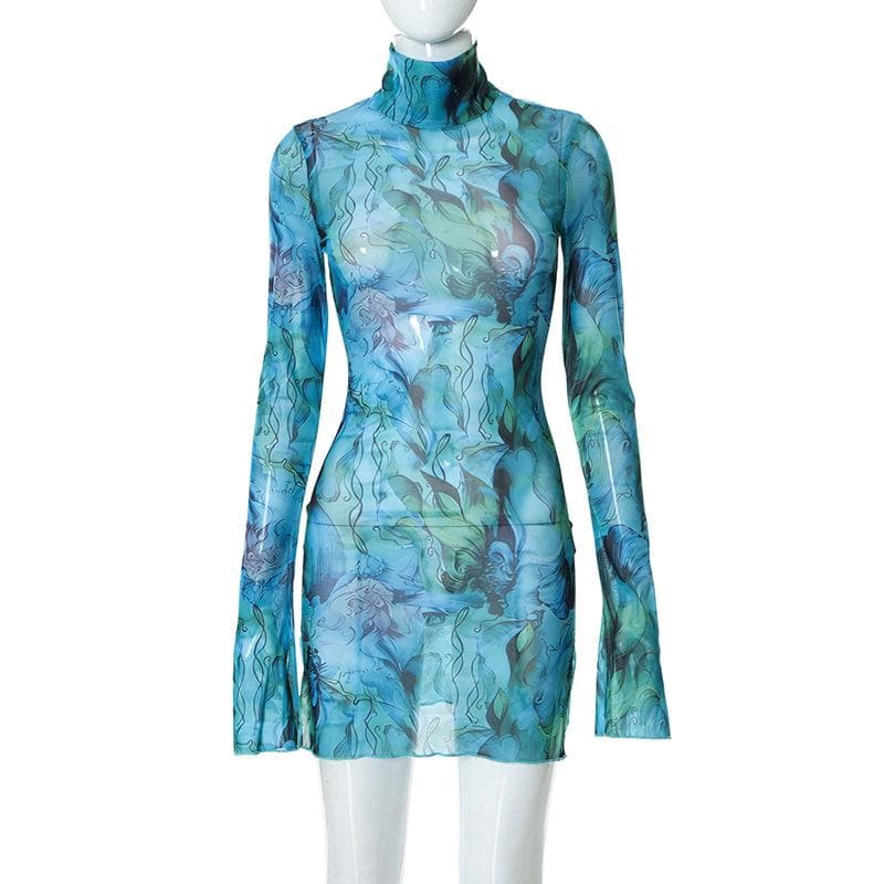 mesh see through print dress Sheer mesh see through print high neck slit long sleeve mini dress – Halibuy