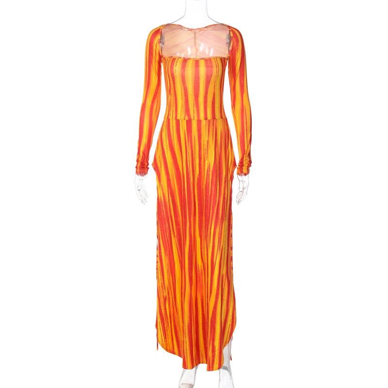 Striped contrast square neck long sleeve slit maxi dress  | Festival Outfits Women