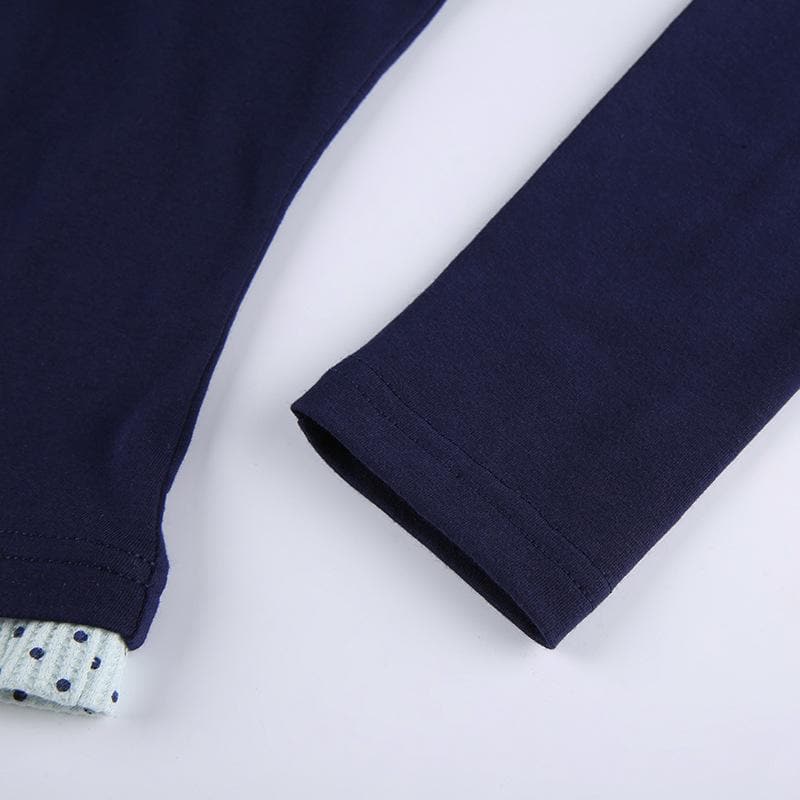 Polka dot patchwork long sleeve lace hem button top  | Festival Outfits Women