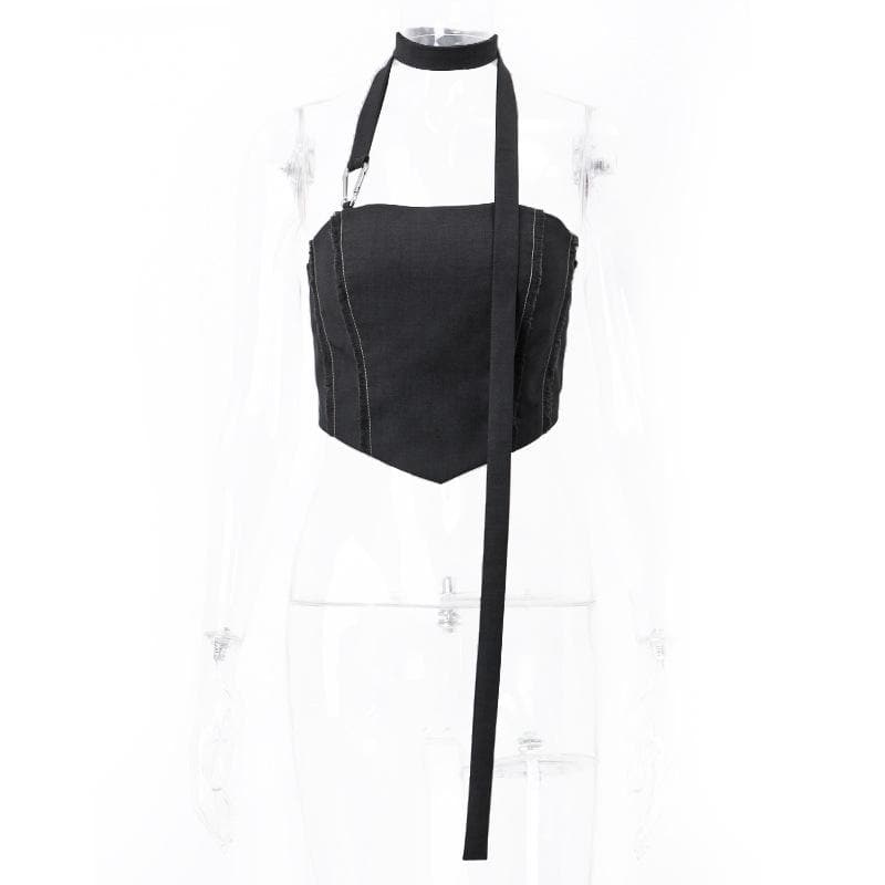 Smocked stitch halter buckle backless crop top