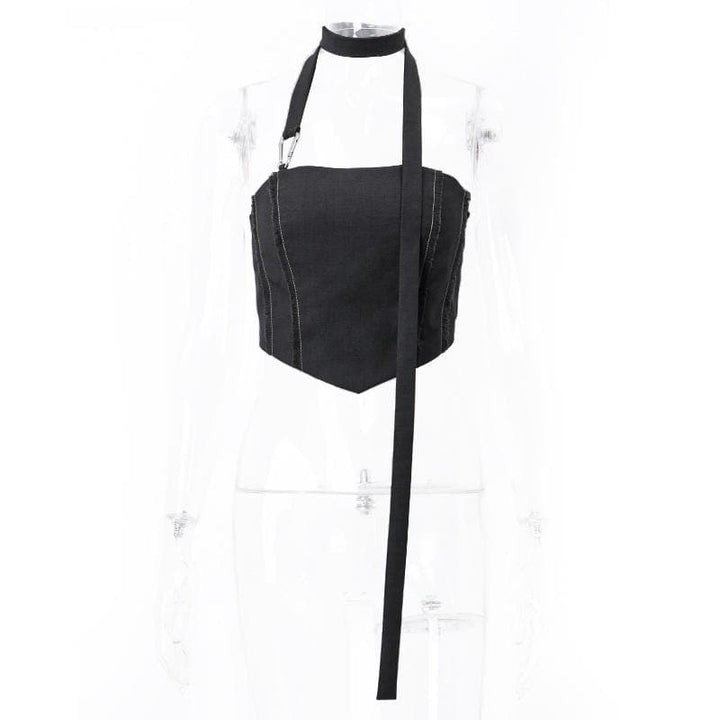 Smocked stitch halter buckle backless crop top