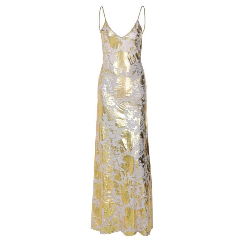 V neck backless metallic print contrast cami maxi dress  | Festival Outfits Women