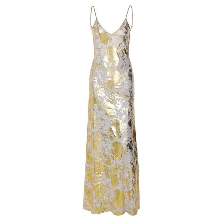 V neck backless metallic print contrast cami maxi dress  | Festival Outfits Women