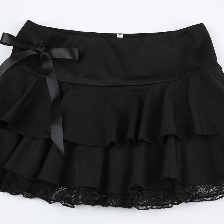 Bowknot solid ruffle lace hem low rise mini skirt  | Festival Outfits Women