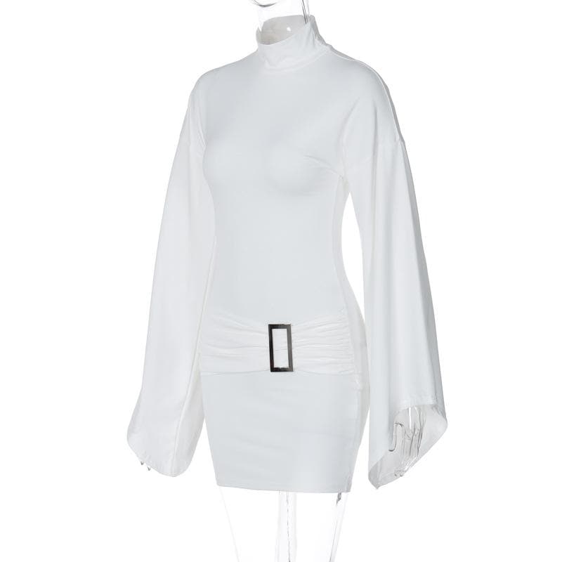 Long flared sleeve high neck ruched buckle solid mini dress  | Festival Outfits Women
