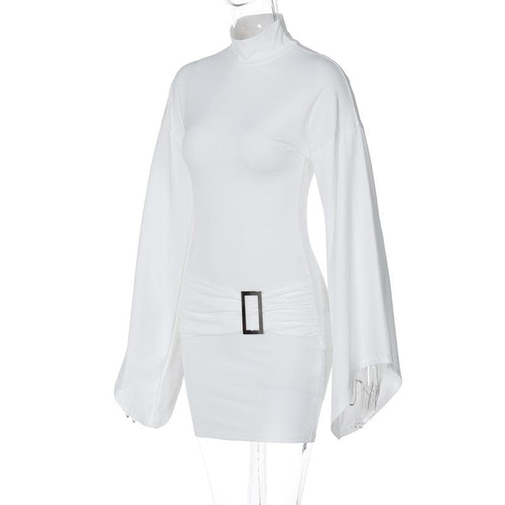 Long flared sleeve high neck ruched buckle solid mini dress  | Festival Outfits Women