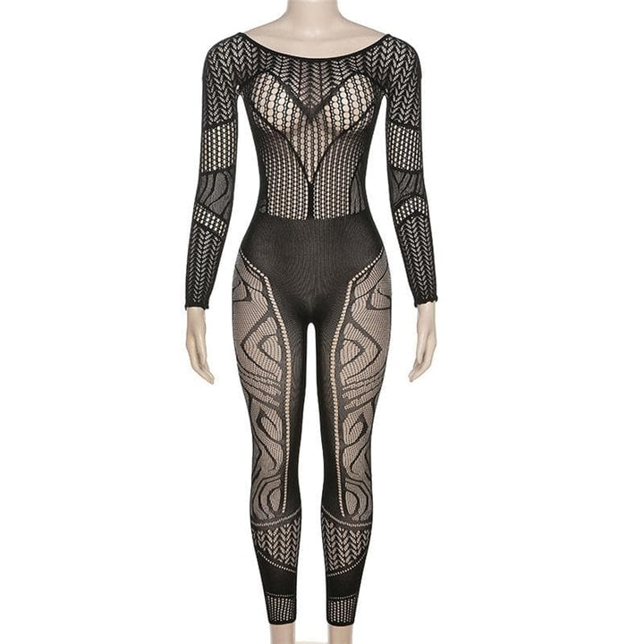 Long sleeve hollow out solid fishnet see through jumpsuit - Final Sale