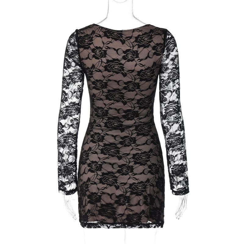 Long sleeve v neck lace contrast patchwork mini dress  | Festival Outfits Women