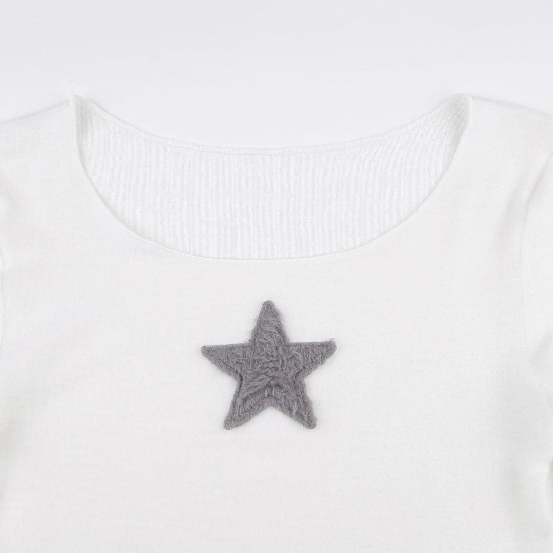 Star embroidery long sleeve ruffle round neck top- Final Sale