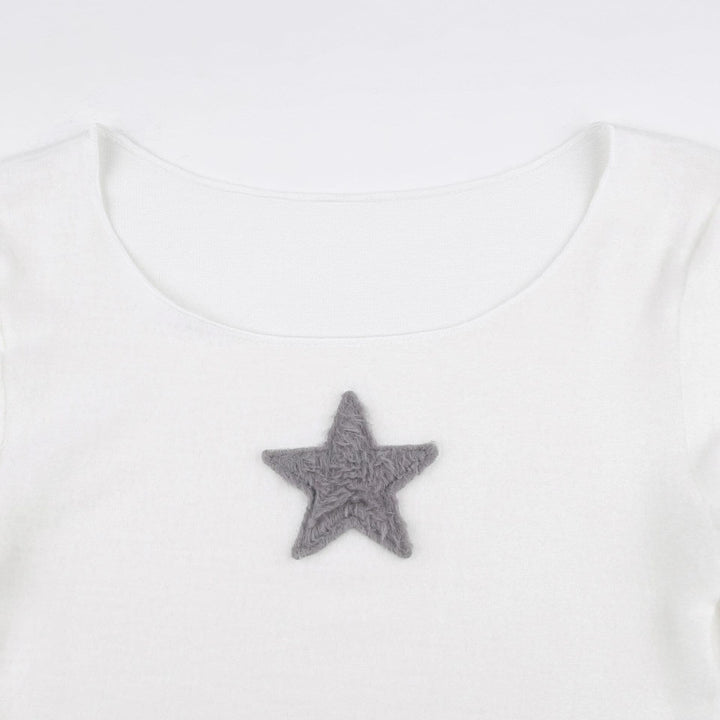 Star embroidery long sleeve ruffle round neck top- Final Sale