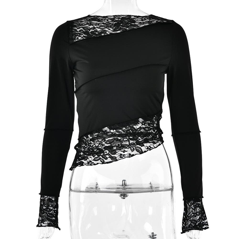 Lace patchwork irregular stitch long sleeve top