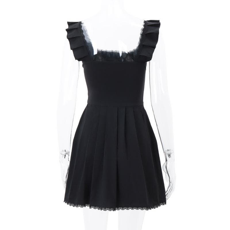 Cap sleeve square neck ruffle pleated solid zip-up mini dress