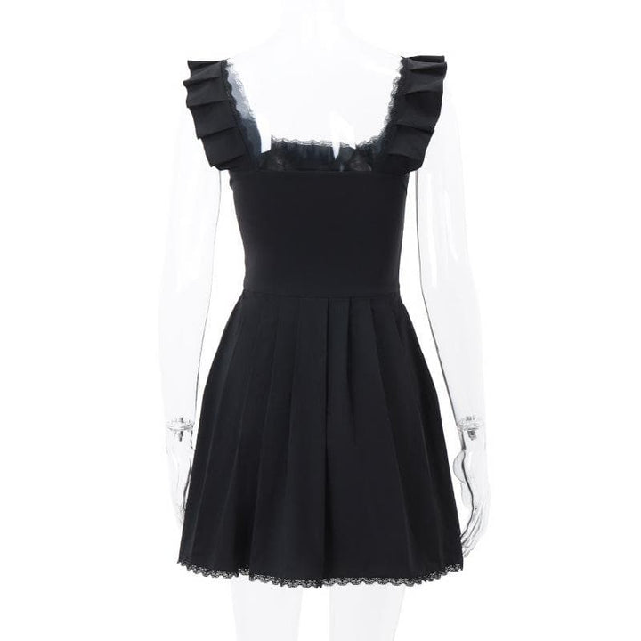 Cap sleeve square neck ruffle pleated solid zip-up mini dress