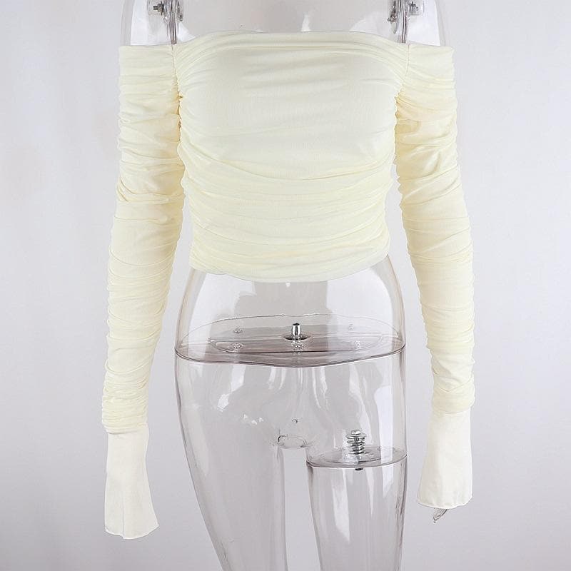 Double layered mesh off shoulder ruched long sleeve solid crop top | Mesh Long Sleeve Crop Top