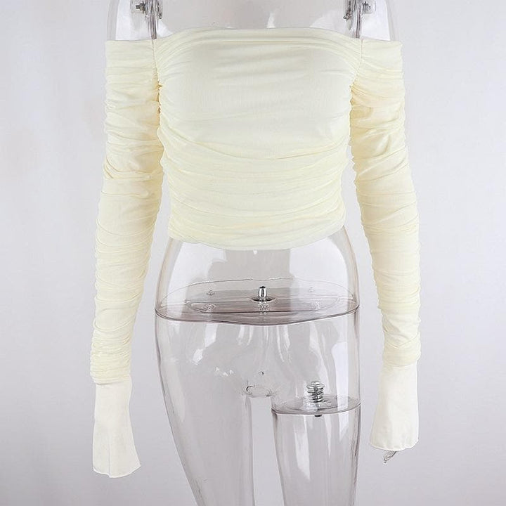 Double layered mesh off shoulder ruched long sleeve solid crop top | Mesh Long Sleeve Crop Top
