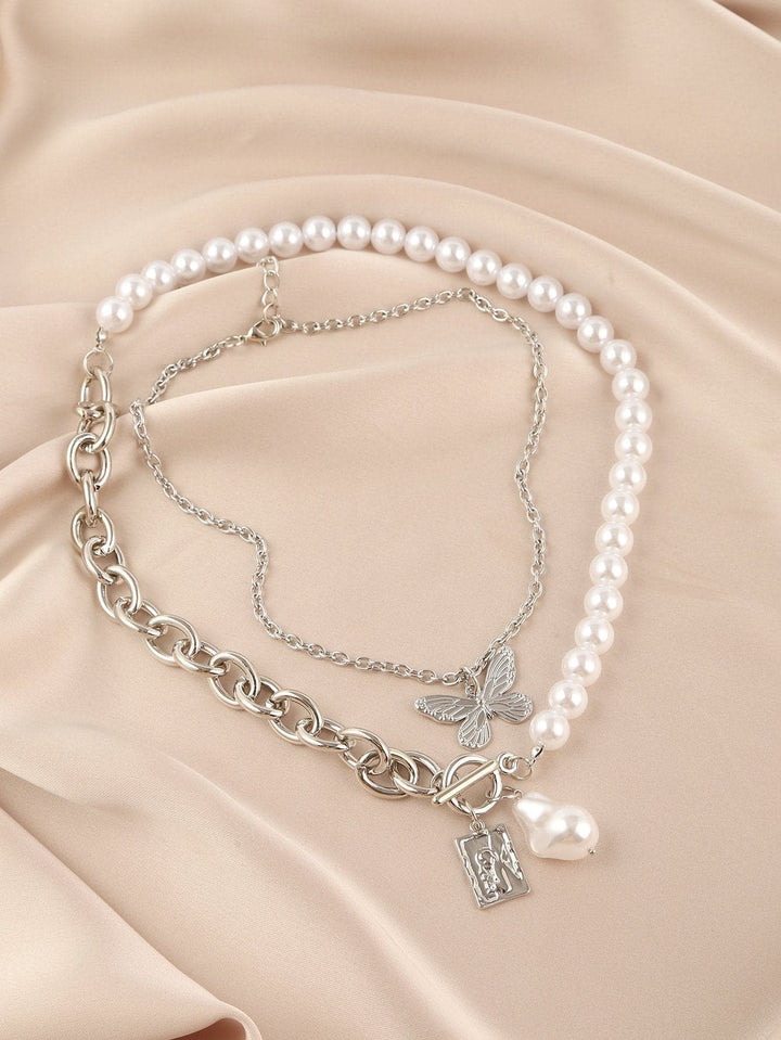 Butterfly faux pearl beaded chain 2 pcs pendant necklace